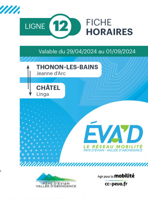 Timetable for bus line 12 between Châtel and Thonon valid from 29th of April to 1st of September 2024