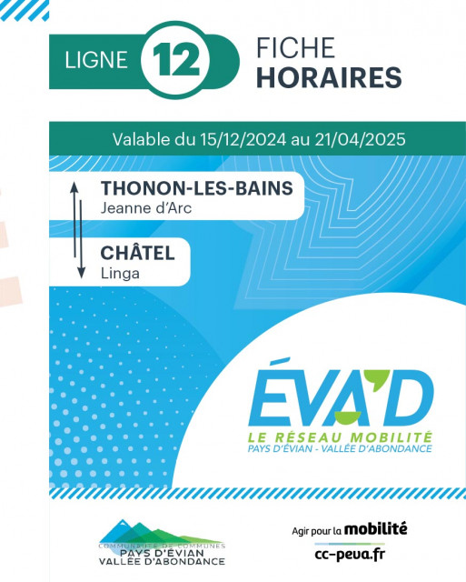 Timetable for line 12 buses between Châtel and Thonon from 15th of December 2024 to 21st of April 2025