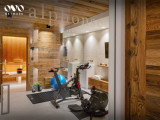 Salle avec appreils de fitness, lavabos, sauna en arrière plan