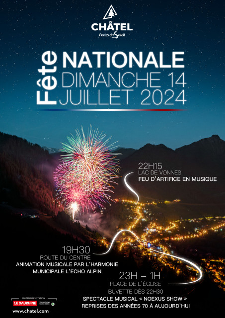 Affiche Fête nationale à Châtel, un grand spectacle pyrotechnique vous est proposé au lac de Vonnes, suivi d'un bal sur la place de l'église.