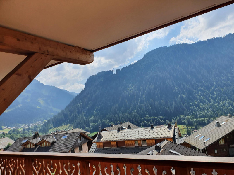 Vue sur le village et les montagnes depuis le balcon